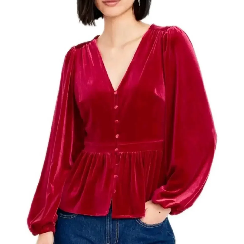 Old Navy Waist Defined Velvet Peplum Top Size S NWT Puff Sleeve Pink Stretch